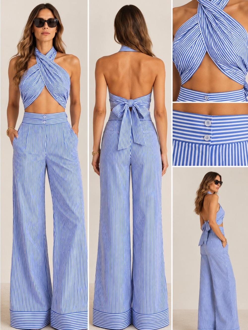 New FKSP Striped Halter Tie-Back Top - Blue